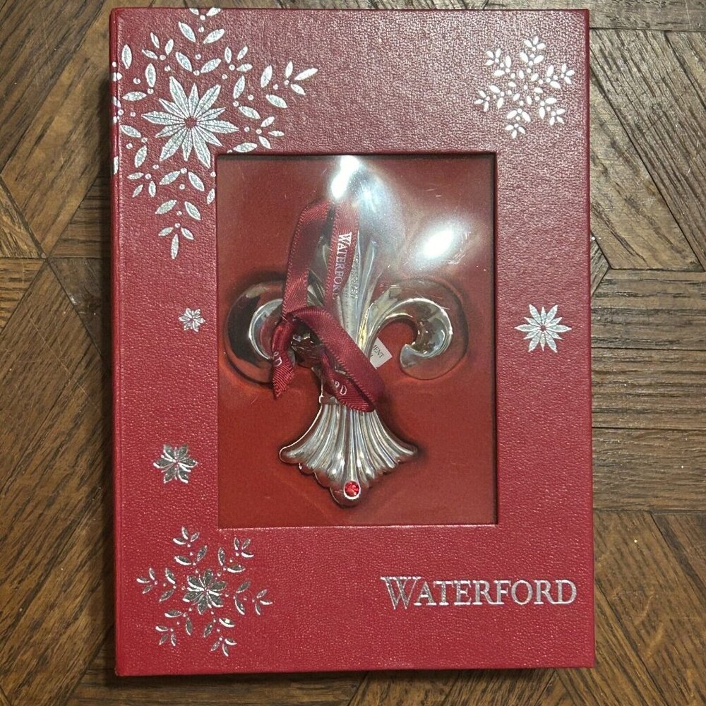 Waterford Crystal 2014 Silver Red Stone Fleur De Lis Christmas Ornament In Box